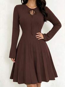 SHEIN Raffinéa Women's Minimalist Vintage Tie-Up Pleated Knit Dress - Coffee Brown - View 5