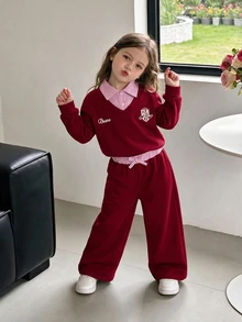 SHEIN Elladie kids 女童白色粉色 2 件套，長袖衛衣領拼接設計，羅紋袖口，寬腿褲，春秋穿著，7 歲生日秋季款 - 紅色 - 查看 1