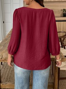Weeklong Women Plus Size Spring Summer Casual Vacation Square Neck Button Mid Sleeve Solid Color Shirt, Suitable For Daily Wear And Vacation - Burgundy - View 2