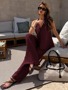 Firerie Women's Elegant 2 Pieces Set With V-Neck Halter Tank Top And Long Pants - Burgundy - View 4