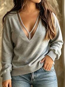 Nubod Plus Size Women Autumn/Winter V-Neck Mesh Patchwork Drop Shoulder Sleeve Casual Everyday Sweatshirt - Grey - View 6