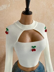 Soleia Women's Small Cherry 3D Embroidered Bell Sleeve Cropped Sweater - Multicolor - View 6