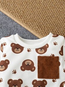 SHEIN Vintaside Kids 2件組 幼兒男嬰運動衫與燈芯絨長褲套裝，可愛學院風棕色奶油熊印花，抓絨內裡長袖加厚，適合生日派對、秋季與聖誕節，羅紋設計 - 棕色 - 查看 4