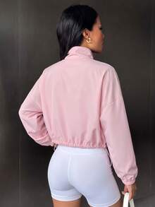 Dewbera Dewbera Solid Color Stand Collar Casual Loose Minimalist Short Long Sleeve Sports Jacket - Pink - View 2