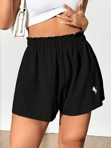 SHEIN LUNE Plus Size Casual Embroidered Elastic Waist Daily Shorts - Black - View 1