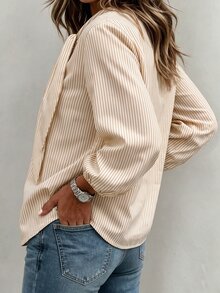 Linhara CURVE 大尺碼女款休閒日常條紋圖案圓領綁帶裝飾寬鬆長袖上衣，適合通勤、日常出遊、假期、派對、返校季場合，秋季寬鬆女式襯衫 - 卡其色 - 查看 2
