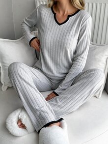 SHEIN Women's Contrast Binding Notch Neck Ribbed Long Sleeve Top And Straight Leg Pants 2 Pieces Casual Paj - Light Grey - View 6