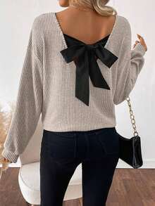 Weeklong Plus Size Women Casual Daily Relaxed Loose Knit V-Neck Vertical Stripe Drop Shoulder Flattering Waist Bow Back Decor Versatile T-Shirt - Light Grey - View 1