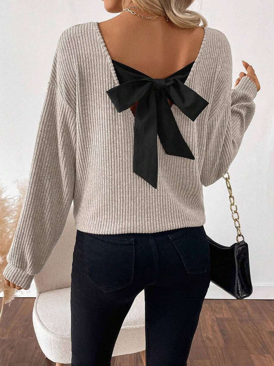 Weeklong Plus Size Women Casual Daily Relaxed Loose Knit V-Neck Vertical Stripe Drop Shoulder Flattering Waist Bow Back Decor Versatile T-Shirt - Light Grey - View 1