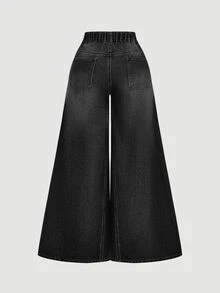 SHEIN MOD 大尺碼時尚鈕扣口袋寬鬆寬腿牛仔褲 - 黑色 - 查看 2