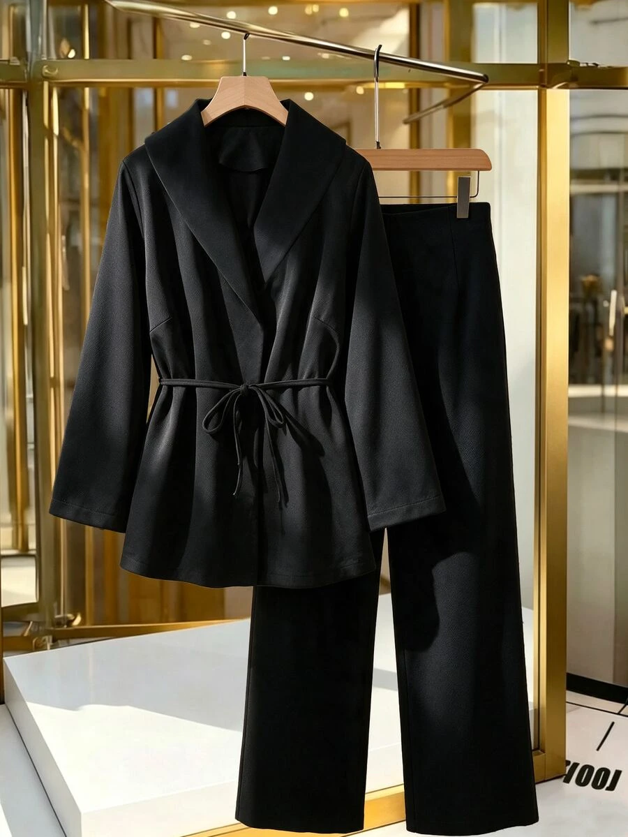 GlowEve CURVE Plus Size Women Solid Color Long Sleeve Blazer And Pants Elegant Suit Set - Black - View 1