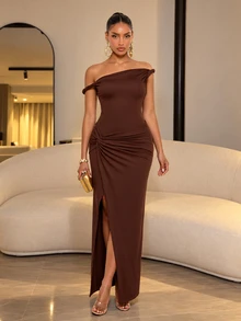 SOLERSUN Autumn/Winter Women's Party Dress, Brown Elastic Fabric, Asymmetrical Shoulder Twisted Knot, Hip Ruched Twist, Front Side Slit, Extra Long Dress - Coffee Brown - View 1