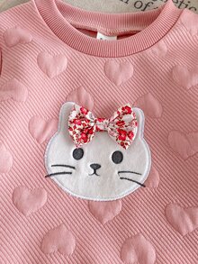 SHEIN 1pc Baby Girls Sweater Dress Cute Sweet Pink Heart Embossed Cat Bow Floral Ruffle Long Sleeve Round Neck Regular Party Fall Holiday A-Line - Pink - View 5