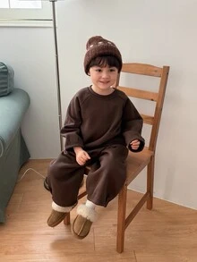 DAZY Infant Boys Round Neck Long Sleeve Solid Color Casual 2pcs Sweatshirt Set - Coffee Brown - View 1