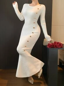 DAZY Autumn/Winter Round Neck Cream Ribbed Knit Gold Button Side Decor Slim Fit Mermaid Hem Elegant Date Commute Women's Sweater Dress - Beige - View 7