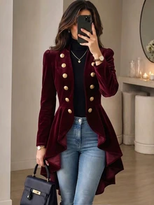 Yalmera Women's Autumn Solid Color Stand Collar Long Sleeve Double-Breasted Napoleon Jacket - Burgundy - View 1