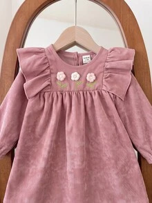 SHEIN Baby Girl Cute Casual Pink Corduroy Floral Pattern Dress - Pink - View 10