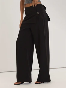 MUSEYN Black Woven Fold Over Buckle Layered Trousers Versatile Everyday Casual Fall - Black - View 3