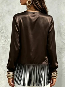 LUMIGAL 女款不對稱垂領拼接流蘇緞面長袖襯衫 - 咖啡棕 - 查看 2