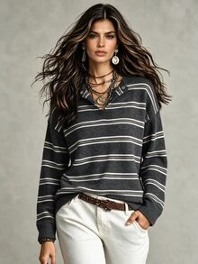 GlowEve Minimalist Commuter Horizontal Striped Pullover Half-Button Drop Shoulder Wide Sleeve Fitted Ribbed Hem Casual Women's Sweater - Multicolor - View 5