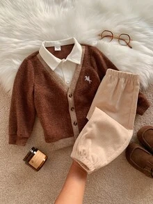 SHEIN 中性嬰兒男童幼兒秋冬休閒百搭拼接拼色2合1襯衫套裝，外套套裝 - 藏蓝色 - 查看 6