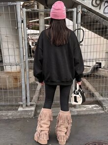 復古氛圍 NY 字母圖案，青少年女孩圓領休閒落肩衛衣與修身內搭褲兩件套，秋冬穿搭，街頭風，休閒校園風，美式復古，Y2K 童裝，韓系童裝，美式高中校園風，字母印花，奶牛圖案套裝，寬鬆運動套裝 - 彩色 - 查看 2