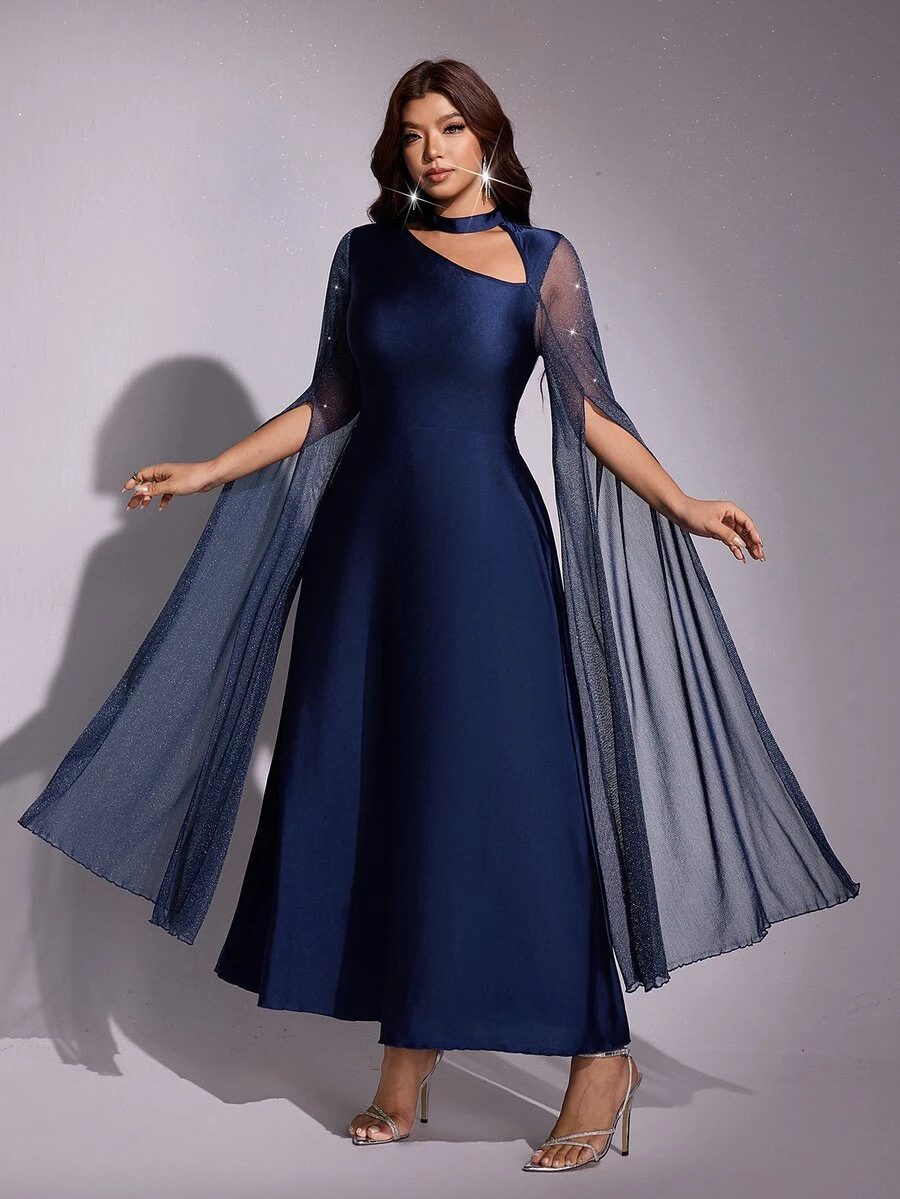 Viva Relle Plus Size Women's Halter Neck Sequin Sleeve Waist-Cinching Slimming Dress For Party, Autumn/Winter - Royal Blue - View 1