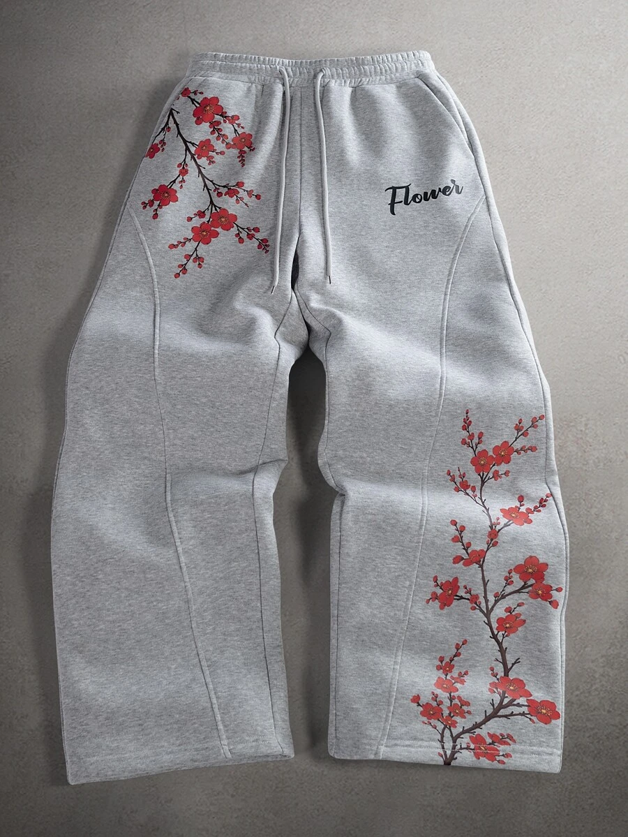 STYNVO Men's Drawstring Waist Floral Pattern Casual Daily Wear Sweatpants - Grey - View 1
