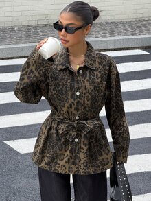 Dazy Tall Women's Leopard Print Loose Waist-Cinching Street Casual Denim Jacket - Brown - View 5