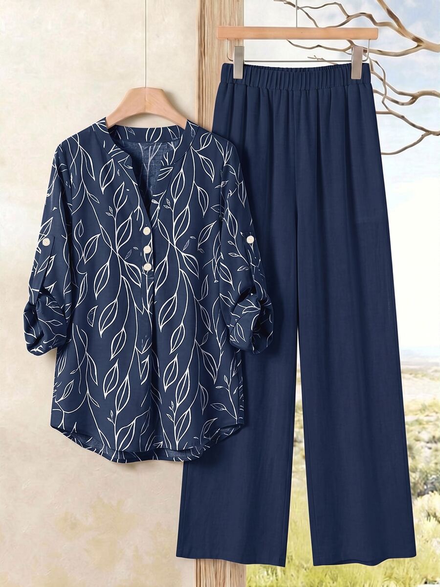 Rusticease Blue Blouse Autumn Clothes For Women Fall Winter 2026 Women's Plant Print Rolled Sleeve Shirt And Long Pants Casual 2 Pieces Set 2 Pieces Set Woman - Multicolor - View 1