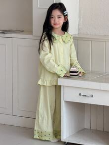 DAZY Tween Girl) Collared Loose Casual Top + Straight Leg Pants 2pcs Set Loungewear - Yellow - View 8