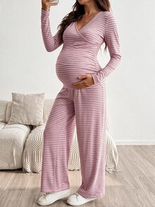 SHEIN 孕婦條紋哺乳長袖上衣與可調腰圍長褲休閒日常兩件套 秋季 - 粉色 - 查看 8