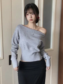 DAZY Solid Asymmetrical Neck Crop Sweater - Grey - View 4