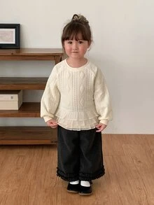 DAZY Baby Girl Round Neck Ruffle Trim Long Sleeve Korean Style One-Piece Casual Sweatshirt, Autumn/Winter - Apricot - View 4