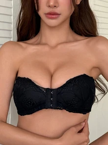 DAZY Lace Patchwork Padded Bra With Slight Lift, Strapless Bra Underwear For Women - Black - View 3