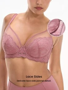 LUVLETTE Soft Woman Lingerie Lounge Curve Sheer Full Coverage Underwire Sexy Unlined Minimizer Lace Elegance & Mesh Bra Bridal Intimates Romantic Purple Bra - Coral Pink - View 3