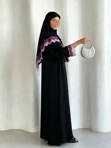 Yasmyna Solid Color Round Neck Contrast Lace Cuff Long Sleeve Maxi Abaya & Hijab 2pcs Set - Black - View 5