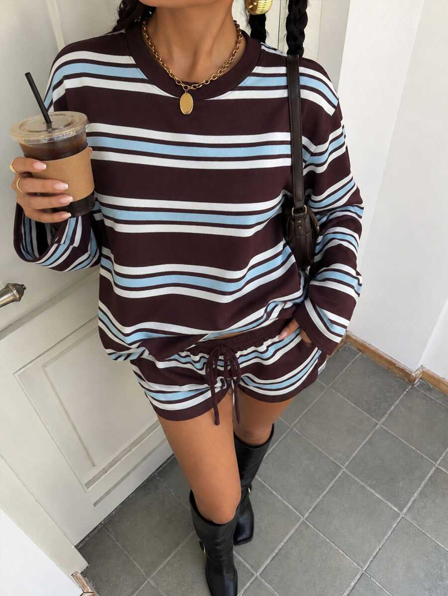 SHEIN Glamour Women's Casual Burgundy Striped Top And Drawstring Shorts Two Pieces Set Loungewear, Sportswear Two Pieces Set - Coffee Brown - View 1
