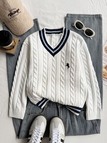 SHEIN Tween Girls Sweaters - Striped, Color-Blocked, Cable Knit, V-Neck, Lantern Sleeve, Wide-Leg Pullover Sweater For Girls, Perfect For Autumn And Winter, And Great For . - White - View 1
