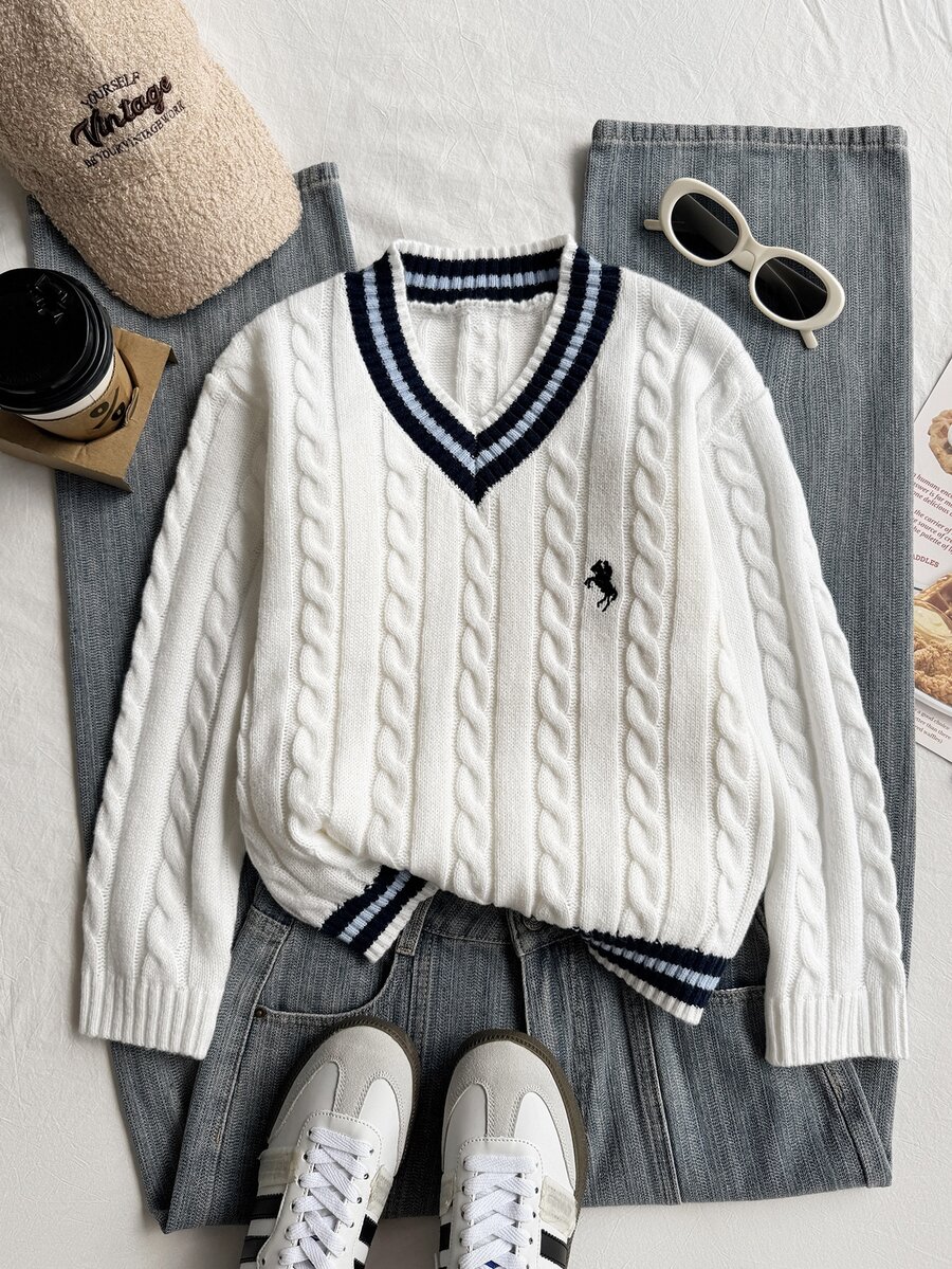 SHEIN Tween Girls Sweaters - Striped, Color-Blocked, Cable Knit, V-Neck, Lantern Sleeve, Wide-Leg Pullover Sweater For Girls, Perfect For Autumn And Winter, And Great For . - White - View 1