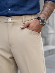 Manfinity CasualCool بنطلون طويل ضيق الساق بلون موحد كاجوال للرجال الناضجين، خيار مثالي كهدية للعطلات - لون مشمشي - مشاهدة 6