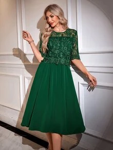SHEIN Clasi 女款蕾絲荷葉邊休閒派對洋裝 - 墨綠色 - 查看 3