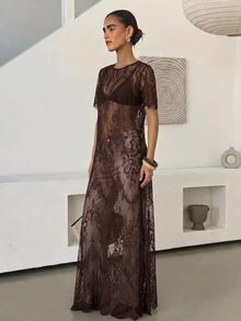 Reflora 大尺碼女款蕾絲性感透視派對與旅行洋裝 - 咖啡棕 - 查看 8