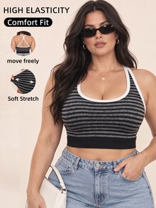SHEIN Rhythm Era Randig färgblockig casual sport-haltertop för kvinnor i plus size, för dagligt bruk - Svart - Visa 1