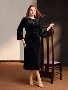 MOTF PREMIUM VELVET KNIT BOW BELT FLARED SLEEVE MID-LENGTH DRESS AUTUMN/WINTER - Black - View 3
