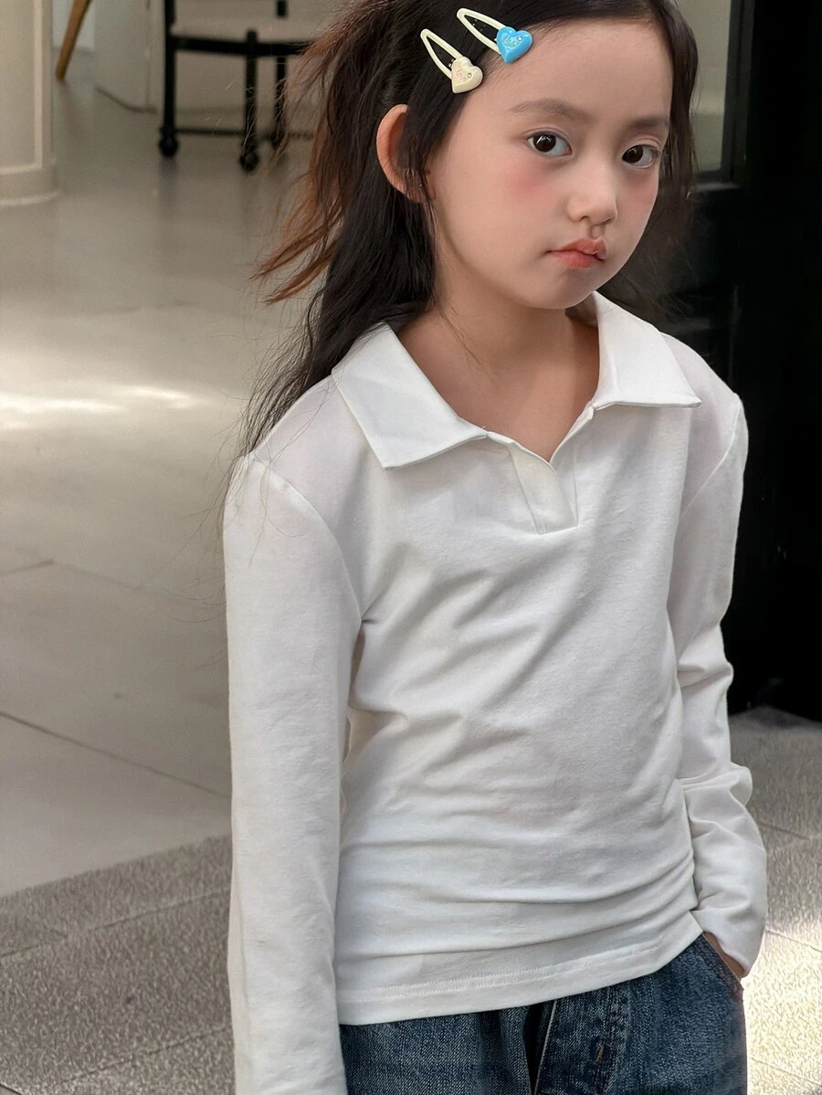 DAZY Tween Girl Solid Color Collared Long Sleeve Casual Versatile T-Shirt - White - View 1