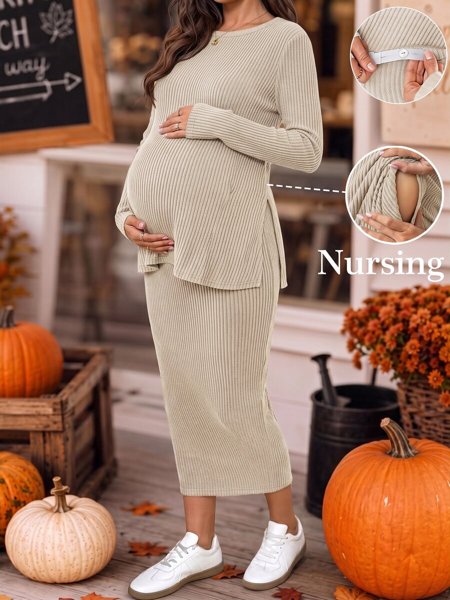 SHEIN 孕婦純色圓領長袖T恤與可調節腰圍裙子哺乳兩件套 - 杏色 - 查看 1