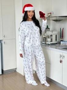 ZzzCrew Plus Size Women's Pajamas Set With Faux Buttons, Christmas Candy Cane Print, Rolled Hem Casual Loungewear - White - View 5