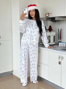 ZzzCrew Plus Size Women's Pajamas Set With Faux Buttons, Christmas Candy Cane Print, Rolled Hem Casual Loungewear - White - View 6