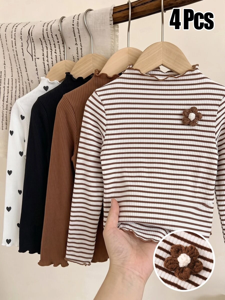 SHEIN Elladie kids 4pcs Girls Autumn/Winter Ribbed Solid Color, Ribbed & Heart Print Ruffle Long Sleeve Tops, Cute T-Shirts Base Layer Shirts Spring/Autumn, Versatile Fashion Tops - Multicolor - View 1